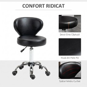HOMCOM Taburet Rotativ 360° Reglabil, Taburet Cosmetic cu Spătar, din Oțel și Piele Ecologică, Negru | Aosom Romania