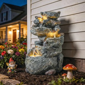 Outsunny Fântână de exterior cu design de rocă în 6 niveluri, cascadă de apă cu lumini LED, debit reglabil, gri | Aosom Romania