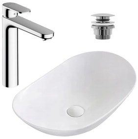 Pachet lavoar pe blat Rea Royal alb 62.5 cm, baterie lavoar Hansgrohe Vernis Blend 190 crom si ventil lavoar Click-Clack crom