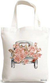 Sacosa de Panza pentru Cumparaturi, Geanta Tote, model Pink Car, 38x34.5 cm, Alba, BEKZ®