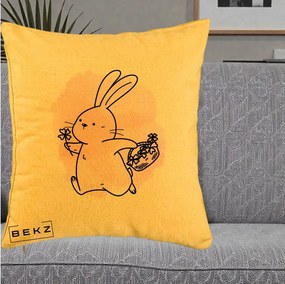 Perna Decorativa Iepuras Kawaii cu Cosulet Floral, 40x40 cm, Galben, Husa Detasabila, Perna Inclusa, BEKZ®