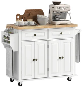 HOMCOM Carucior Bucatarie Sertare Dulapuri 4 Roti Lemn 111x44.5x82.5cm Alb | Aosom Romania