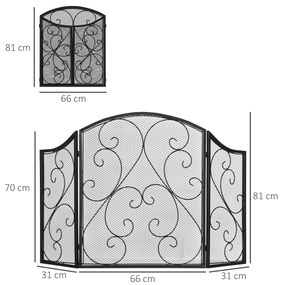 HOMCOM Ecran Semineu Pliabil 3 Panouri Negru Protectie Impotriva Focului si Scanteilor cu Plasa Metalica Decorativ | Aosom Romania