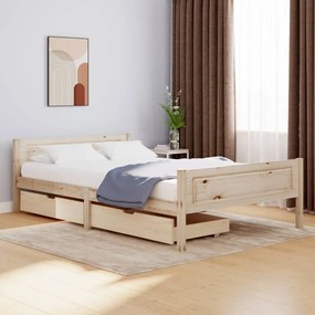 Cadru de pat cu 2 sertare, 140x200 cm, lemn masiv pin Maro, 140 x 200 cm, 2 Sertare