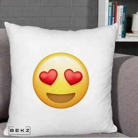 Perna Decorativa Emoji Inimi in Ochi, 40x40 cm, Alb Pufos, Husa Detasabila, Perna Inclusa, BEKZ®
