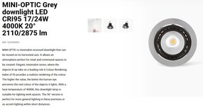 Spot LED incastrabil MINI-OPTIC Grey downlight LED CRI95 17/24W 4000K 20° 2110/2875 lm