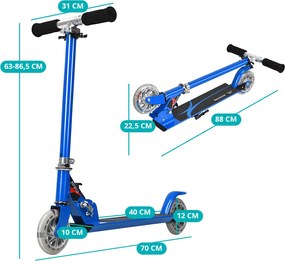 Trotinetă pliabilă din aluminiu cu roți LED albastră