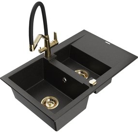 Chiuvetă granit Mexen Gaspar 1,5 cuve cu scurgător și baterie Duo, negru/aureu - 6507-75-671701-57-G