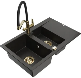 Chiuvetă granit Mexen Gaspar 1,5 cuve cu scurgător și baterie Duo, negru/aureu - 6507-75-671701-57-G