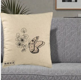 Perna Decorativa Fluture si Flori Linie Monocroma, 40x40 cm, Bej, Husa Detasabila, Perna Inclusa, BEKZ®