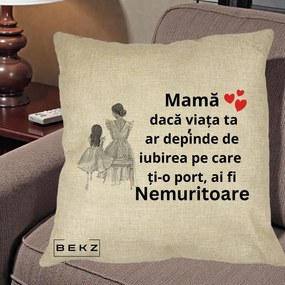 Cadou pentru Mama - Perna Personalizata Mama Nemuritoare Line Art, 40x40 cm, Crem, Husa Detasabila, Perna Inclusa, BEKZ®