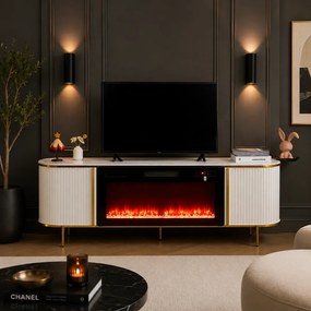 Comodă TV cu șemineu electric cu Încălzire, iluminare LED , 12 culori, Telecomandă, 180 cm, MOB190 Alb