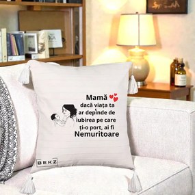 Cadou pentru Mama - Perna Personalizata Mama Nemuritoare Imbratisare Copil, 40x40 cm, Bej cu Franjuri, Husa Detasabila, Perna Inclusa, BEKZ®