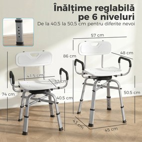 HOMCOM Scaun de Duș Rotativ Reglabil pe Înălțime cu Brațe, Spătar, Capacitate 150 kg, Alb | Aosom Romania