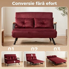 HOMCOM Canapea extensibilă 3 în 1, efect catifea, cu spătar reglabil și 2 perne, 102 x 73 x 81 cm, roșu vișiniu | Aosom Romania