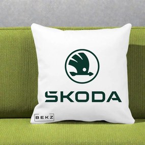 Perna Personalizata cu emblema Skoda, 40x40 cm, Alba Mata, Husa Detasabila, Perna Inclusa, BEKZ®