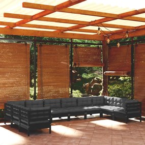 3097335 vidaXL Set mobilier grădină cu perne, 10 piese, negru, lemn de pin