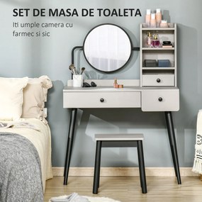 HOMCOM Set Masa de Toaleta Masa de Machiaj, Oglinda si Taburet cu 3 Sertare si Rafturi deschise, Structura din lemn, Gri