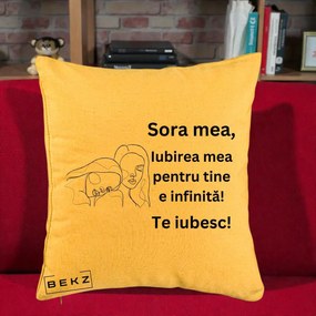 Cadou pentru Sora - Perna Personalizata Sora Mea Te Iubesc Line Art Portrete Fata in Fata, 40x40 cm, Galben, Husa Detasabila, Perna Inclusa, BEKZ®