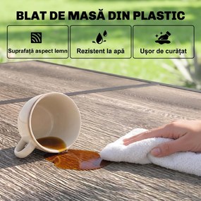 Outsunny Masă de Patio, Masă de Balcon, Masă de Dining pentru Exterior 145 x 85 cm pentru 6 Persoane cu Efect de Lemn, Cadrul din Oțel, Gri | Aosom Romania