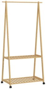 HOMCOM Suport pentru Haine din Bambus cu Roți 2 Rafturi Deschise și 2 Găuri 84,5x43,5x158 cm Natural | Aosom Romania