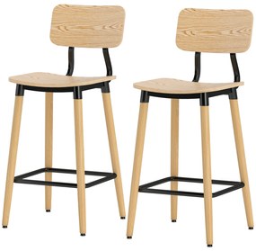 HOMCOM Lot de 2 tabureți de bar cu spatar, înalțime reglabilă și repose-pieds structură din oțel înălțime 94 cm, lemn natural | Aosom Romania