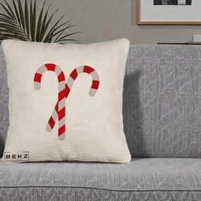 Perna Decorativa Candy Cane de Craciun, 40x40 cm, Bej Canapea, Husa Detasabila, Perna Inclusa, BEKZ®