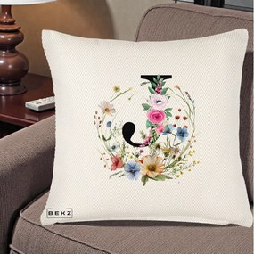 Cadou Personalizat - Perna Personalizata Monogram Litera J cu Flori Acuarela, 40x40 cm, Crem Reliefat, Husa Detasabila, Perna Inclusa, BEKZ®