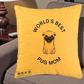 Cadou pentru Iubitorii de Caini - Perna Personalizata World's Best Pug Mom, 40x40 cm, Galben, Husa Detasabila, Perna Inclusa, BEKZ®