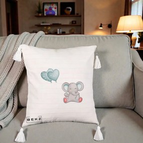 Perna Decorativa cu Franjuri, Model Elefant si baloane in forma de inimioare, 40x40 cm, Bej cu Franjuri, Husa Detasabila, Perna Inclusa, BEKZ®