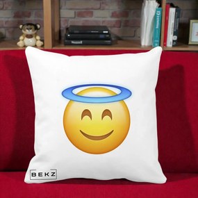 Perna Decorativa Emoji Inger cu Aureola, 40x40 cm, Alba Mata, Husa Detasabila, Perna Inclusa, BEKZ®