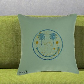 Perna Decorativa Smiley Face Tropical Albastru Glitter si Portocaliu, 40x40 cm, Verde, Husa Detasabila, Perna Inclusa, BEKZ®