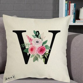 Cadou Personalizat - Perna Personalizata Monograma Florala Litera W cu Trandafiri si Anemona, 40x40 cm, Ecru, Husa Detasabila, Perna Inclusa, BEKZ®