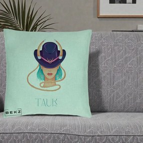 Perna Personalizata Zodie Taur, 40x40 cm, Verde Menta, Husa Detasabila, Perna Inclusa, BEKZ®