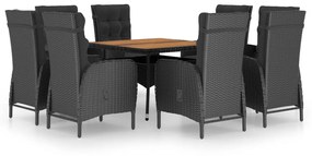 3058533 vidaXL Set mobilier grădină, 9 piese, negru, poliratan și lemn acacia