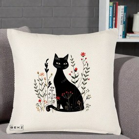 Perna Decorativa Pisica Neagra Botanica Rosu-Gri, 40x40 cm, Crem Reliefat, Husa Detasabila, Perna Inclusa, BEKZ®