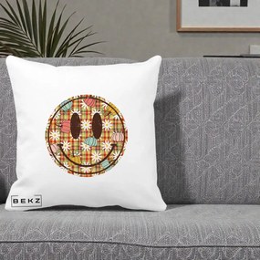 Perna Decorativa Smiley Face de Toamna cu Tartan si Dovlecei, 40x40 cm, Alba Mata, Husa Detasabila, Perna Inclusa, BEKZ®