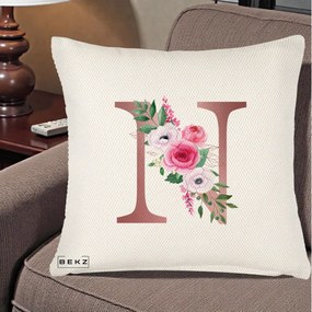 Cadou Personalizat - Perna Personalizata Monograma Rose Gold Litera N, 40x40 cm, Crem Reliefat, Husa Detasabila, Perna Inclusa, BEKZ®