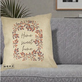 Perna Decorativa Home Sweet Home Frunze Colorate, 40x40 cm, Crem, Husa Detasabila, Perna Inclusa, BEKZ®
