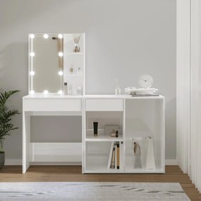 3082023 vidaXL Măsuță de toaletă cu LED și dulap, alb lucios, lemn prelucrat