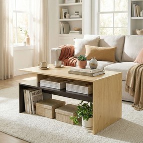 HOMCOM Masă de Cafea Modernă Bicoloră cu Niveluri Decalate și Poliță de Depozitare, 95 x 55 x 50 cm, Lemn Natural și Negru | Aosom Romania