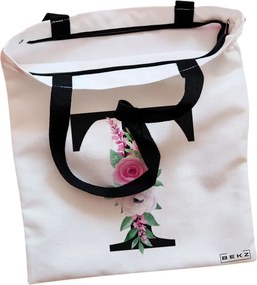 Sacosa de Panza pentru Cumparaturi, Geanta Tote, Cu litera T si Trandafiri, Cu fermoar, 38x34.5 cm, Alba, BEKZ®
