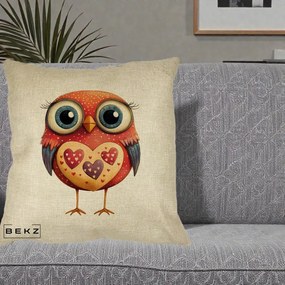 Perna Decorativa Bufnita Rosie cu Inimi Aurii, 40x40 cm, Crem, Husa Detasabila, Perna Inclusa, BEKZ®