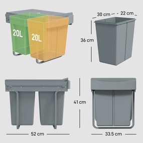 HOMCOM Coș de gunoi retractabil sub chiuvetă, 2 găleți de 20L, Gri | Aosom Romania