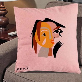 Perna Decorativa Portret Abstract Galben-Ocru, 40x40 cm, Roz, Husa Detasabila, Perna Inclusa, BEKZ®