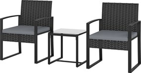 Outsunny Set de Mobilier pentru Grădină din Ratan Sintetic cu 2 Scaune cu Perne Detașabile și Masă cu Blat de Sticlă, Gri | Aosom Romania