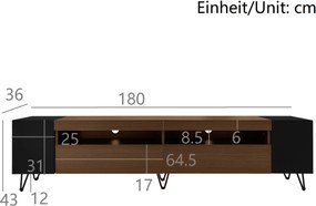 Dulap TV cu aspect de lemn, 2 compartimente deschise, rafturi laterale, 180x36x43 cm, Negru + Culoare naturală