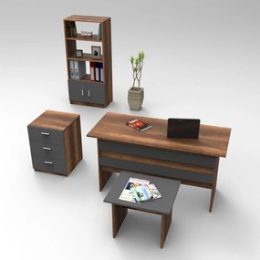 Set de mobilier de birou Clabber, Alb - Stejar - Nuc, 4 piese Biblioteca - Birou - Masa - Rollbox