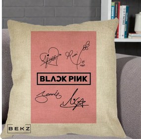 Perna Personalizata K-pop BLACKPINK Semnaturi Roz, 40x40 cm, Crem, Husa Detasabila, Perna Inclusa, BEKZ®