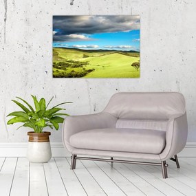 Tablou pe sticlă - Peisaj verde cu dealuri (70x50 cm)